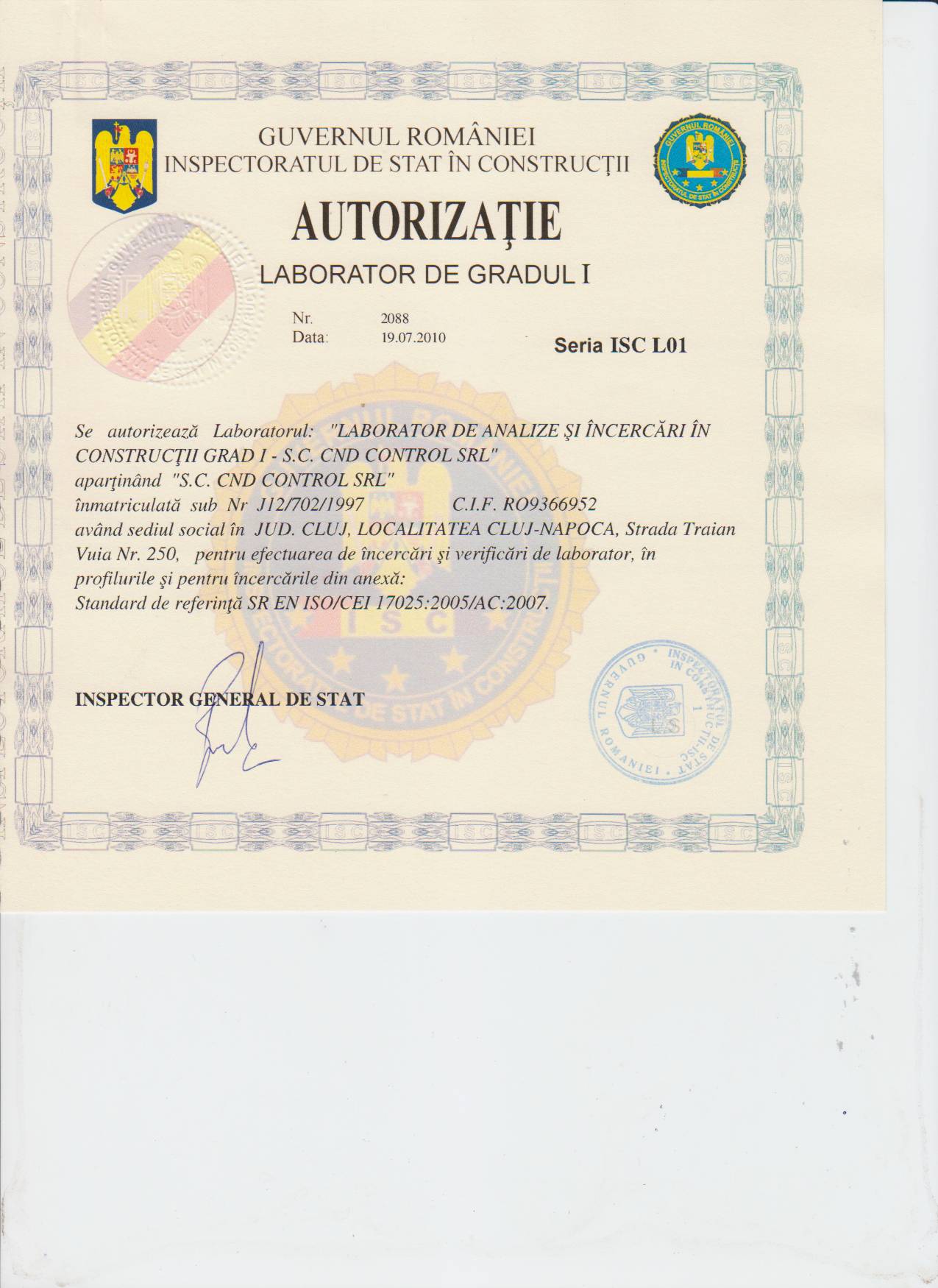 Certificat de autorizare laborator de grad I Certificat de autorizare laborator de grad I