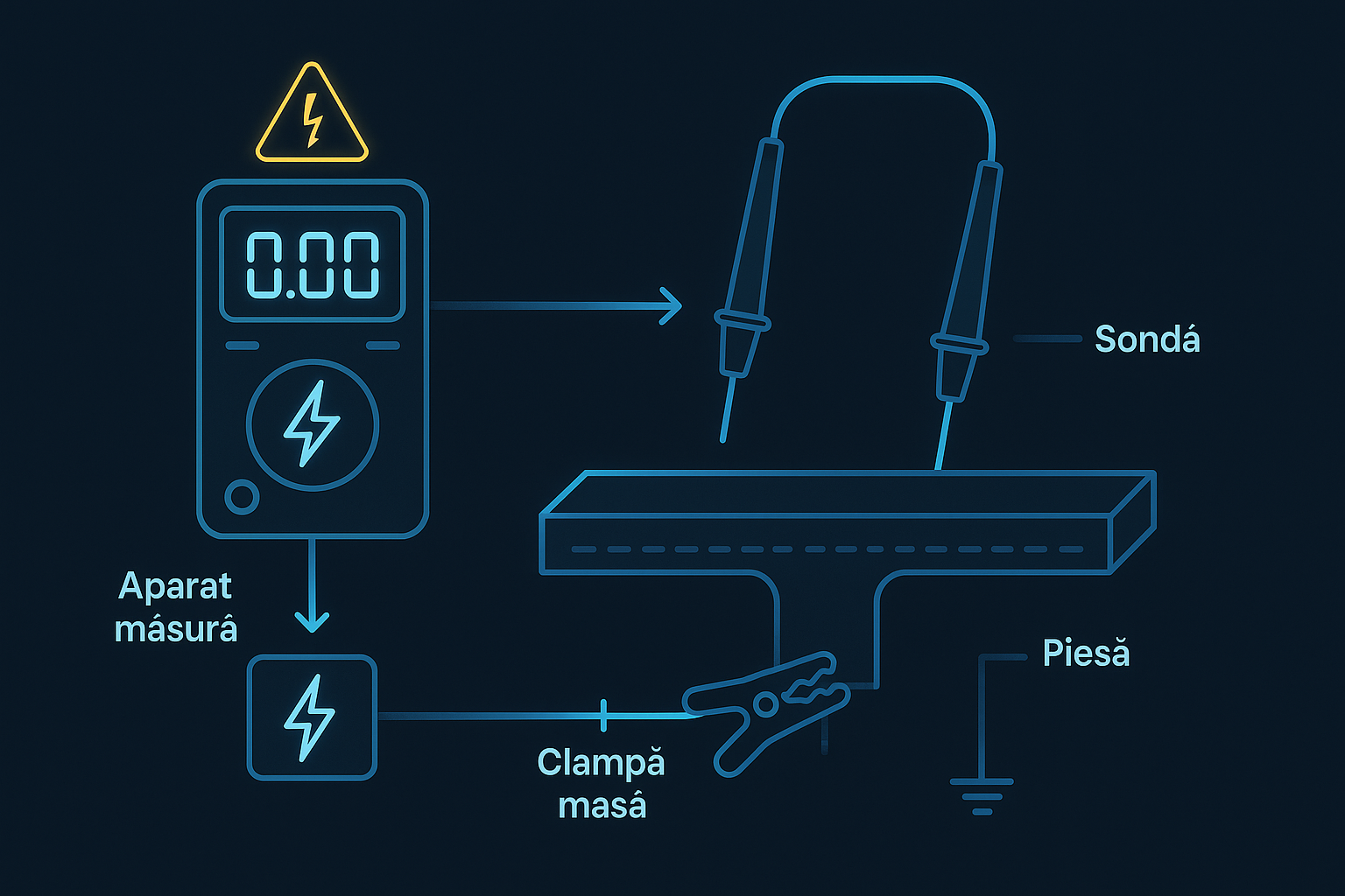 Schema de testare a continuității pe o structură metalică